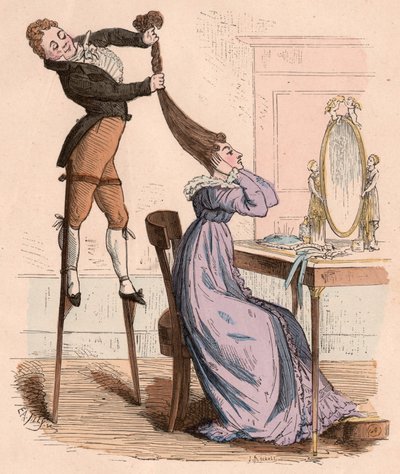 A Man on Stilts Helping a Woman Twisting Her Hair Vigorously by Unknown